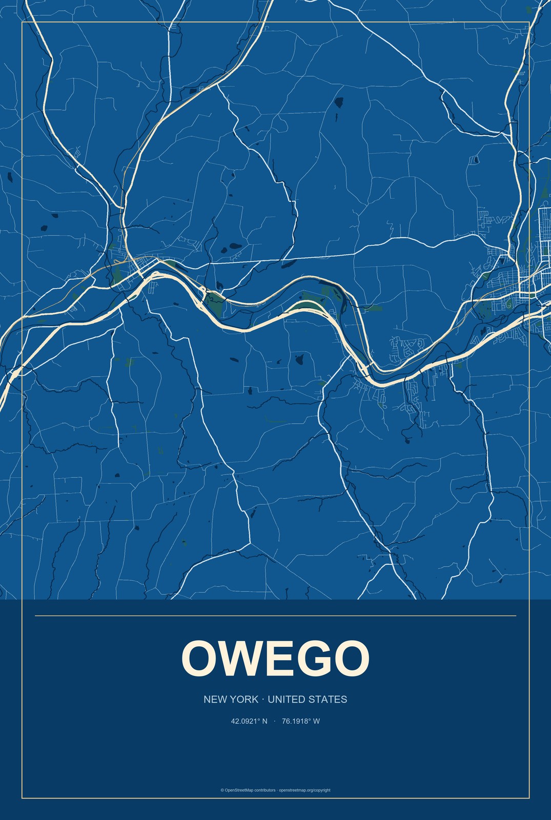 Owego, New York City Map Aluminum Sign in Harbor Cobalt style