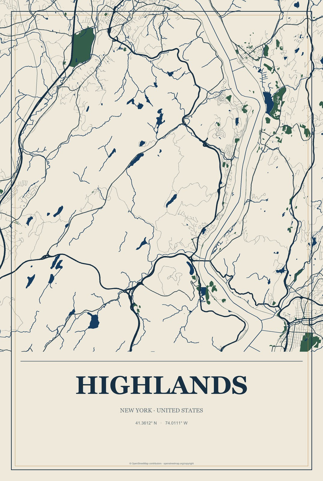 Highlands, New York City Map Aluminum Sign in Coastal Cutout style