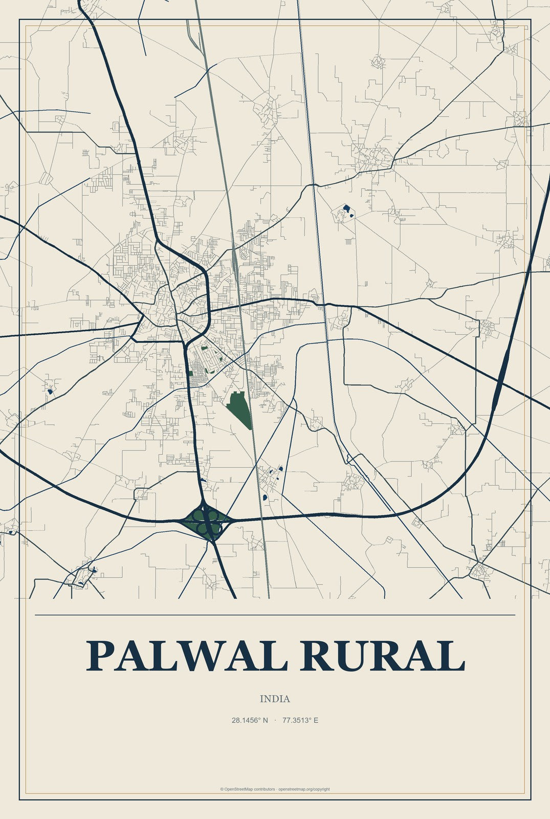 Palwal Rural, India City Map Aluminum Sign in Coastal Cutout style