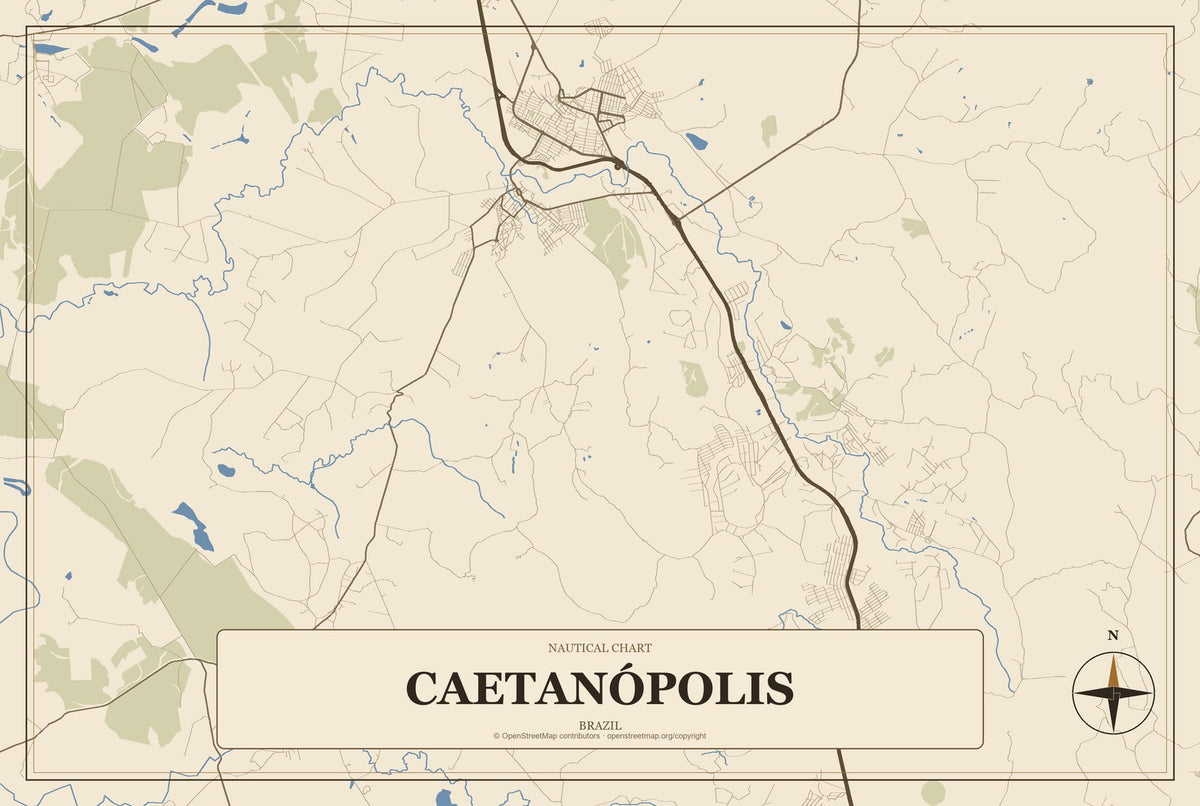 Caetanópolis, Brazil City Map Aluminum Sign in Heritage Nautical style