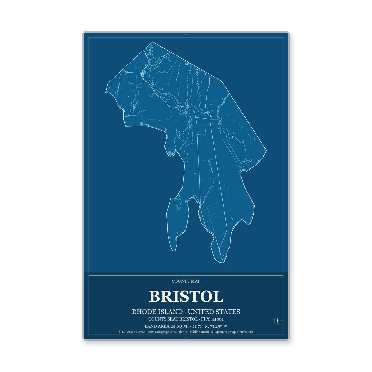 Bristol County, Rhode Island Map Aluminum Sign in Harbor Cobalt style