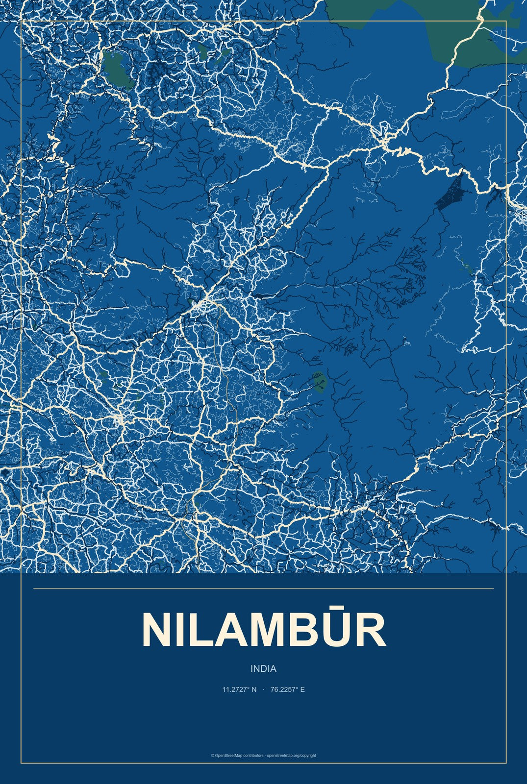Nilambūr, India City Map Aluminum Sign in Harbor Cobalt style