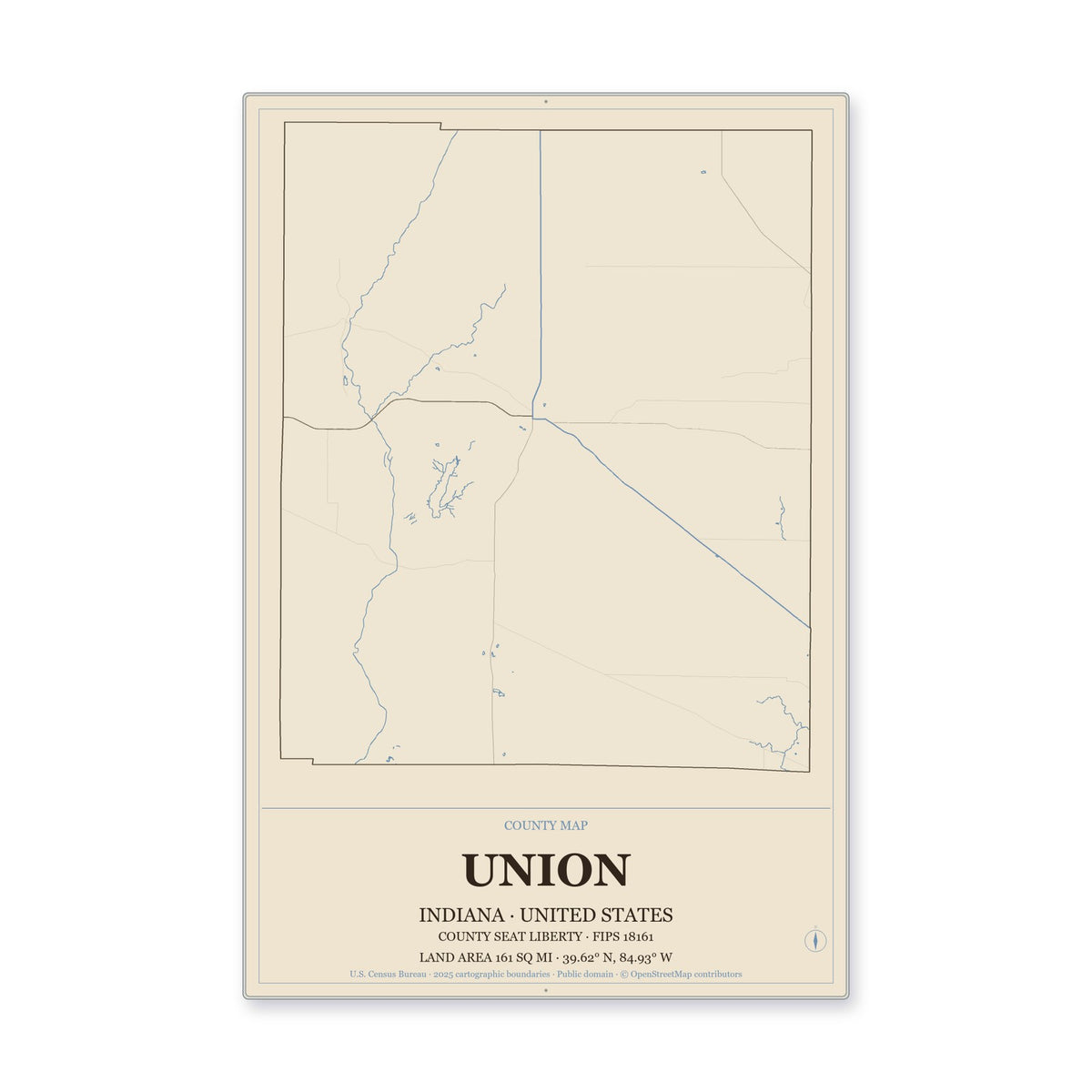 Union County, Indiana Map Aluminum Sign in Heritage Nautical style