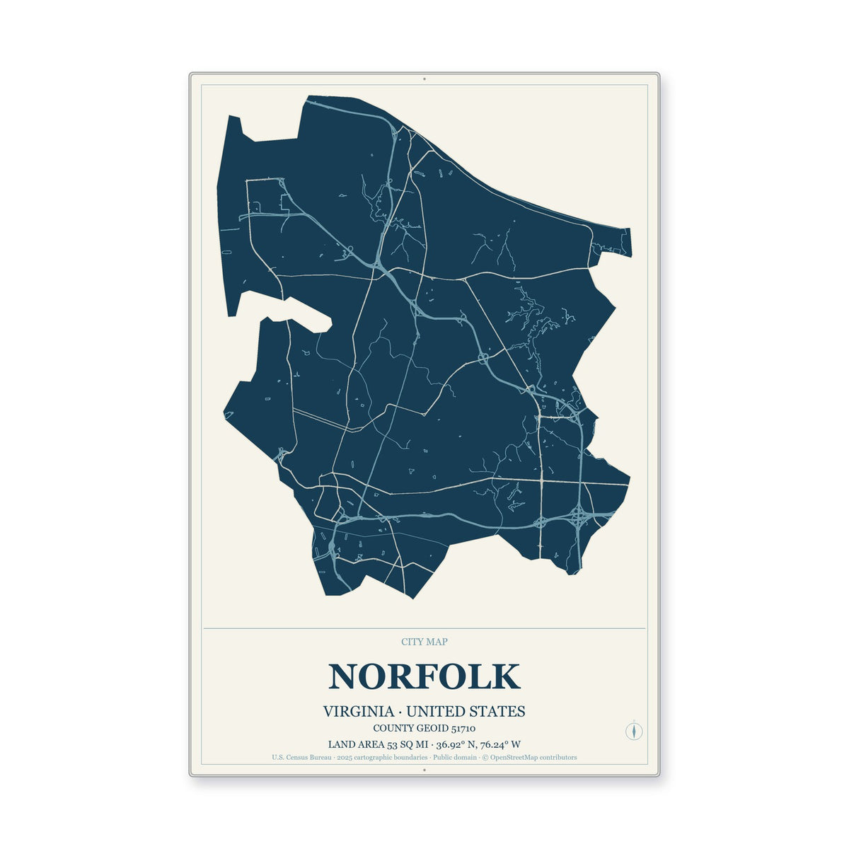 Norfolk city, Virginia Map Aluminum Sign in Coastal Cutout style