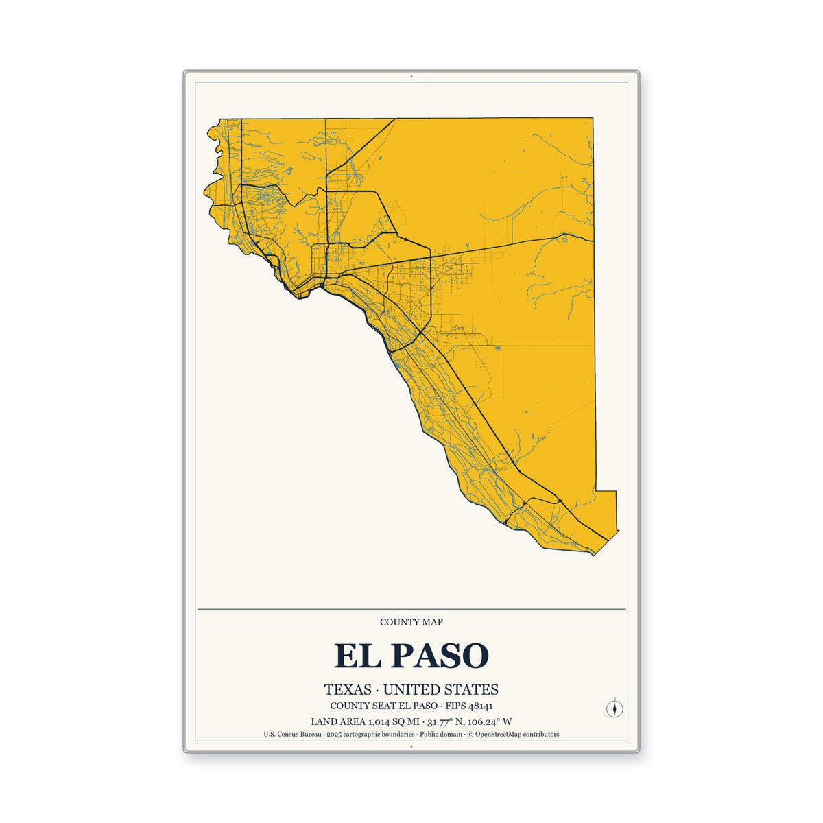 El Paso County, Texas Map Aluminum Sign in Citrine Modern style