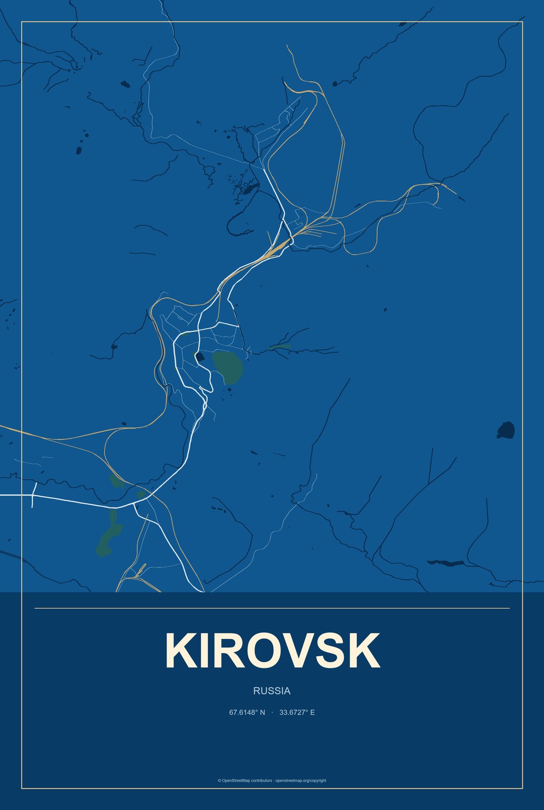 Kirovsk, Murmansk, Russia City Map Aluminum Sign in Harbor Cobalt style