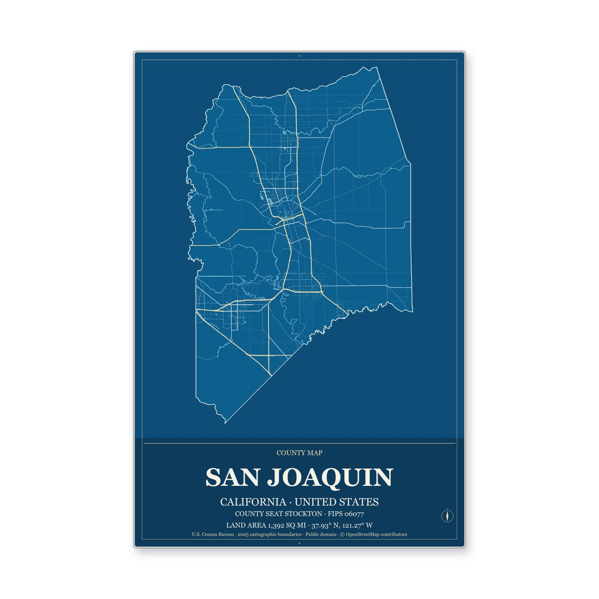 San Joaquin County, California Map Aluminum Sign in Harbor Cobalt style
