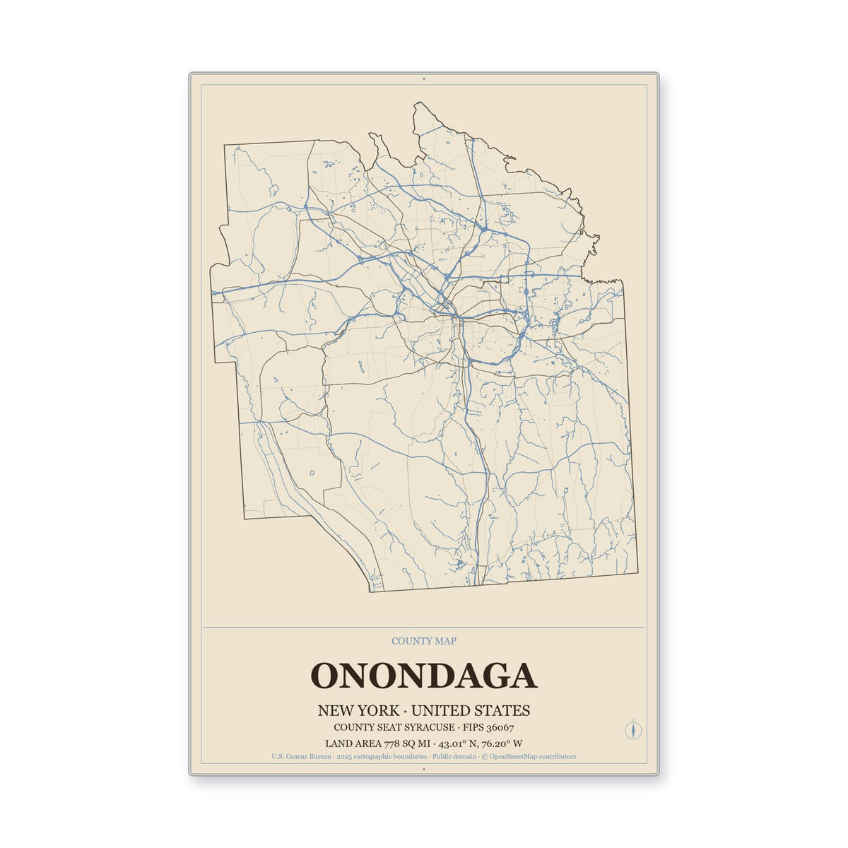Onondaga County, New York Map Aluminum Sign in Heritage Nautical style