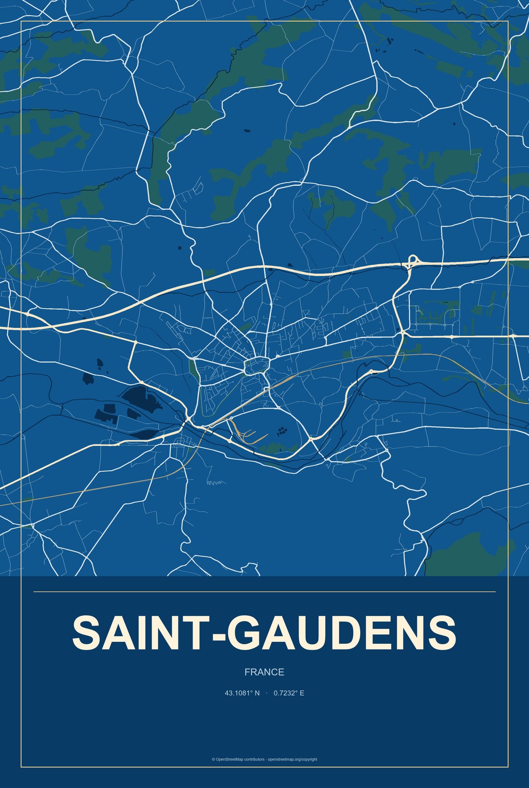 Saint-Gaudens, France City Map Aluminum Sign in Harbor Cobalt style