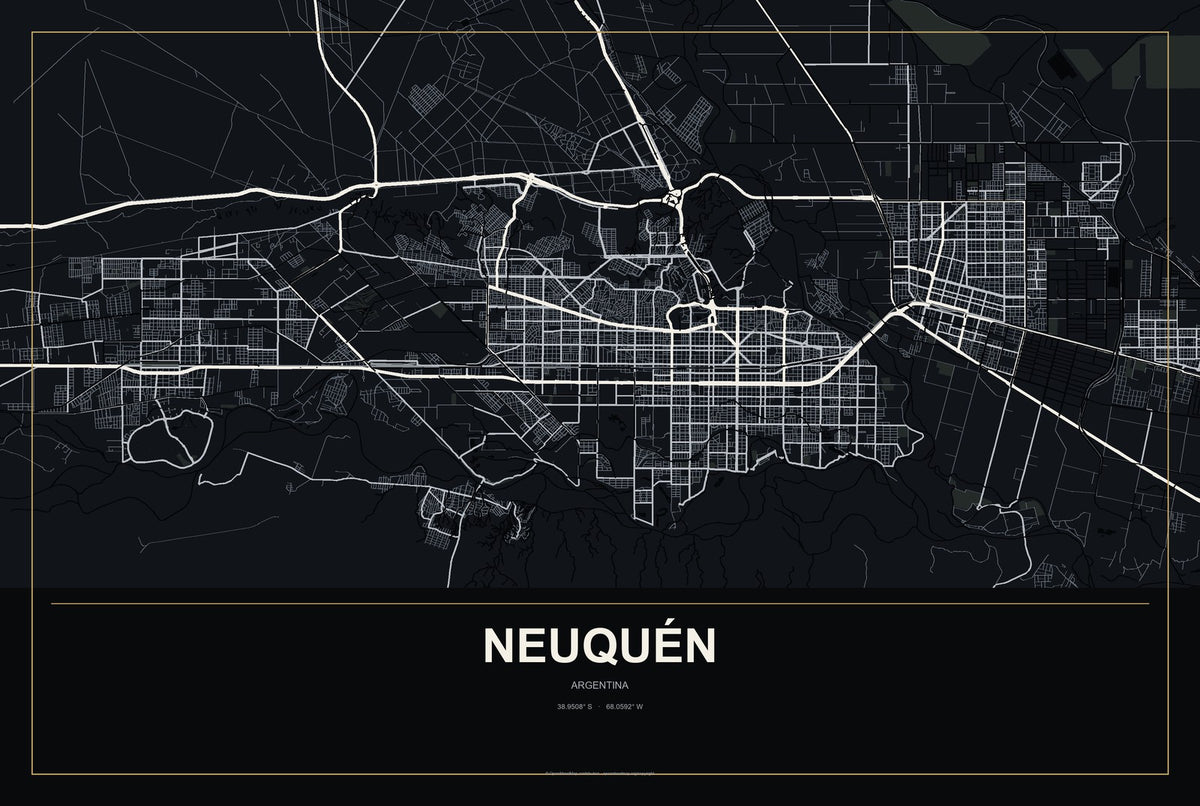 Neuquén, Argentina City Map Aluminum Sign in Metropolitan Noir style