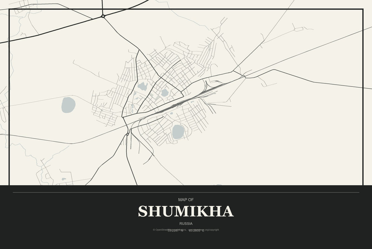 Shumikha, Russia City Map Aluminum Sign in Museum Plaque style