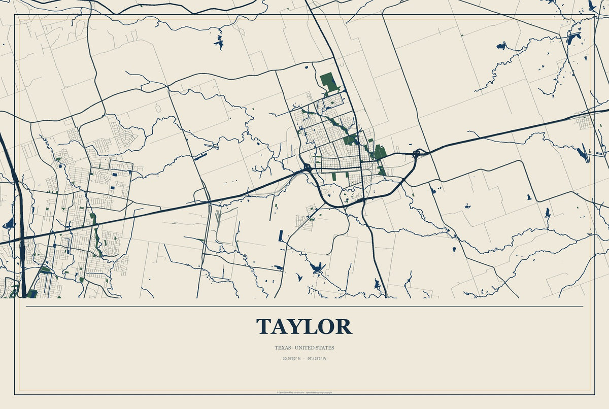 Taylor, Texas City Map Aluminum Sign in Coastal Cutout style