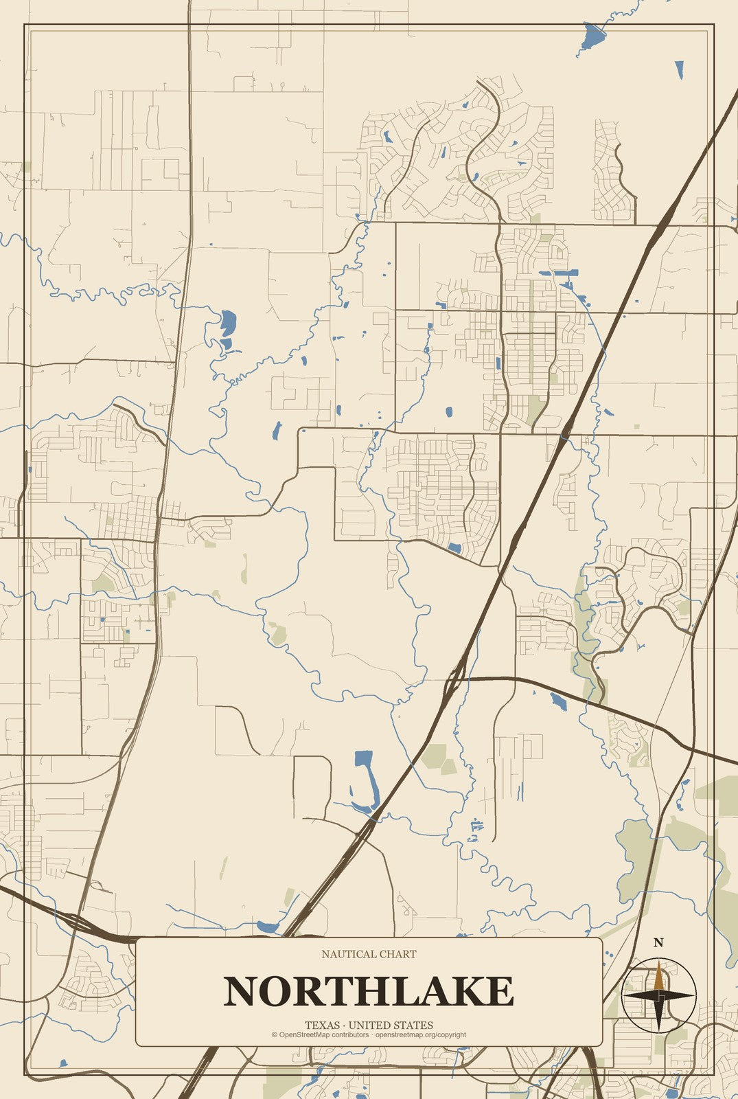 Northlake, Texas City Map Aluminum Sign in Heritage Nautical style