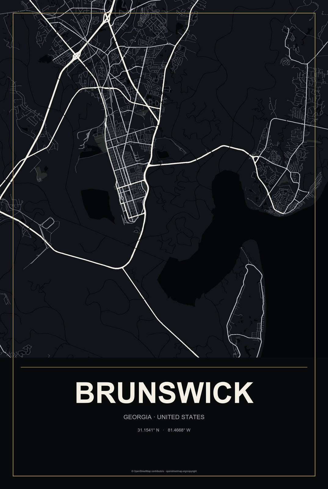 Brunswick, Georgia City Map Aluminum Sign in Metropolitan Noir style