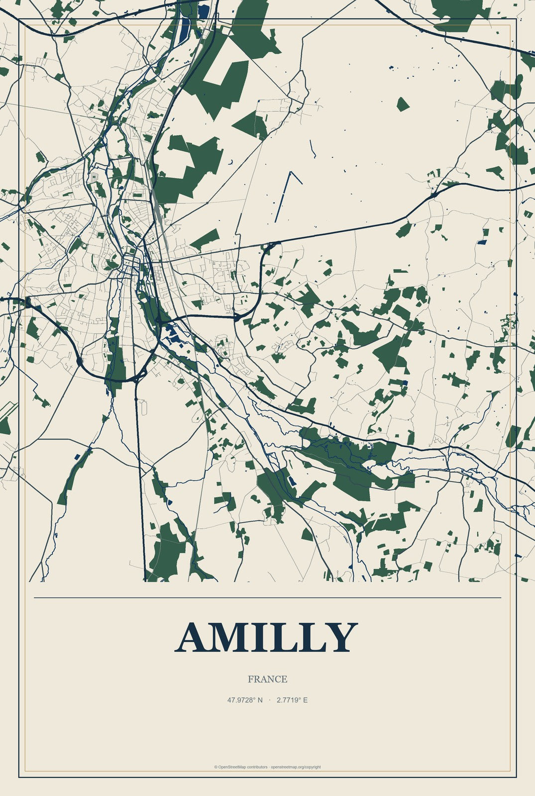 Amilly, France City Map Aluminum Sign in Coastal Cutout style