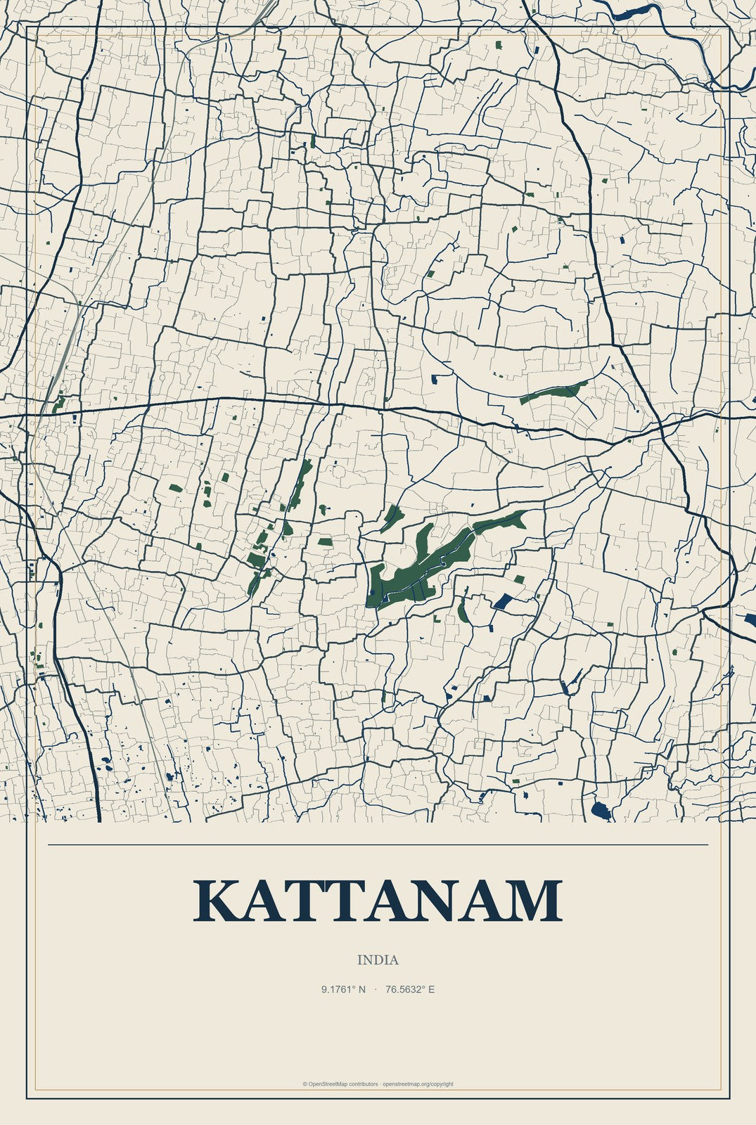 Kattanam, India City Map Aluminum Sign in Coastal Cutout style