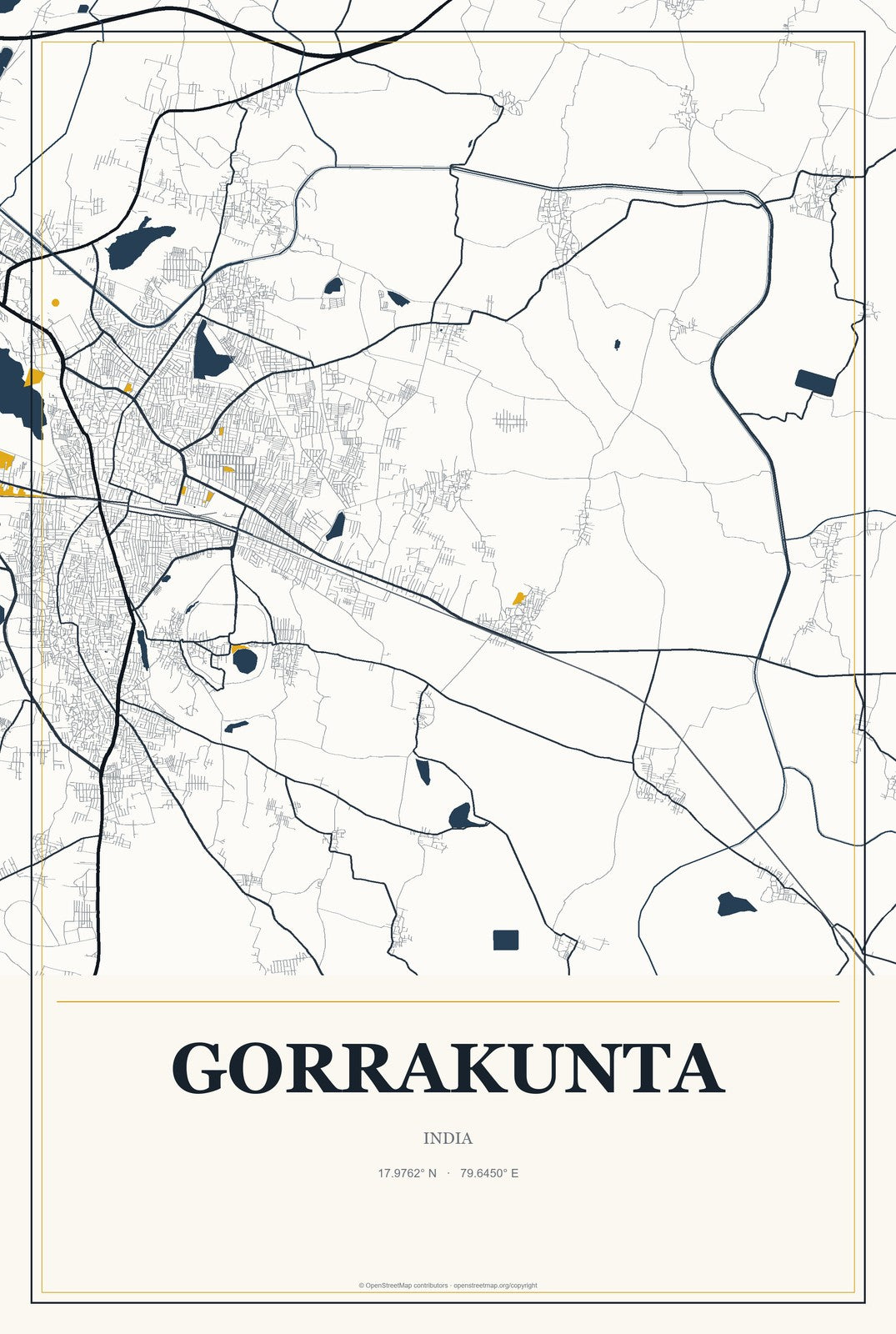 Gorrakunta, India City Map Aluminum Sign in Citrine Modern style