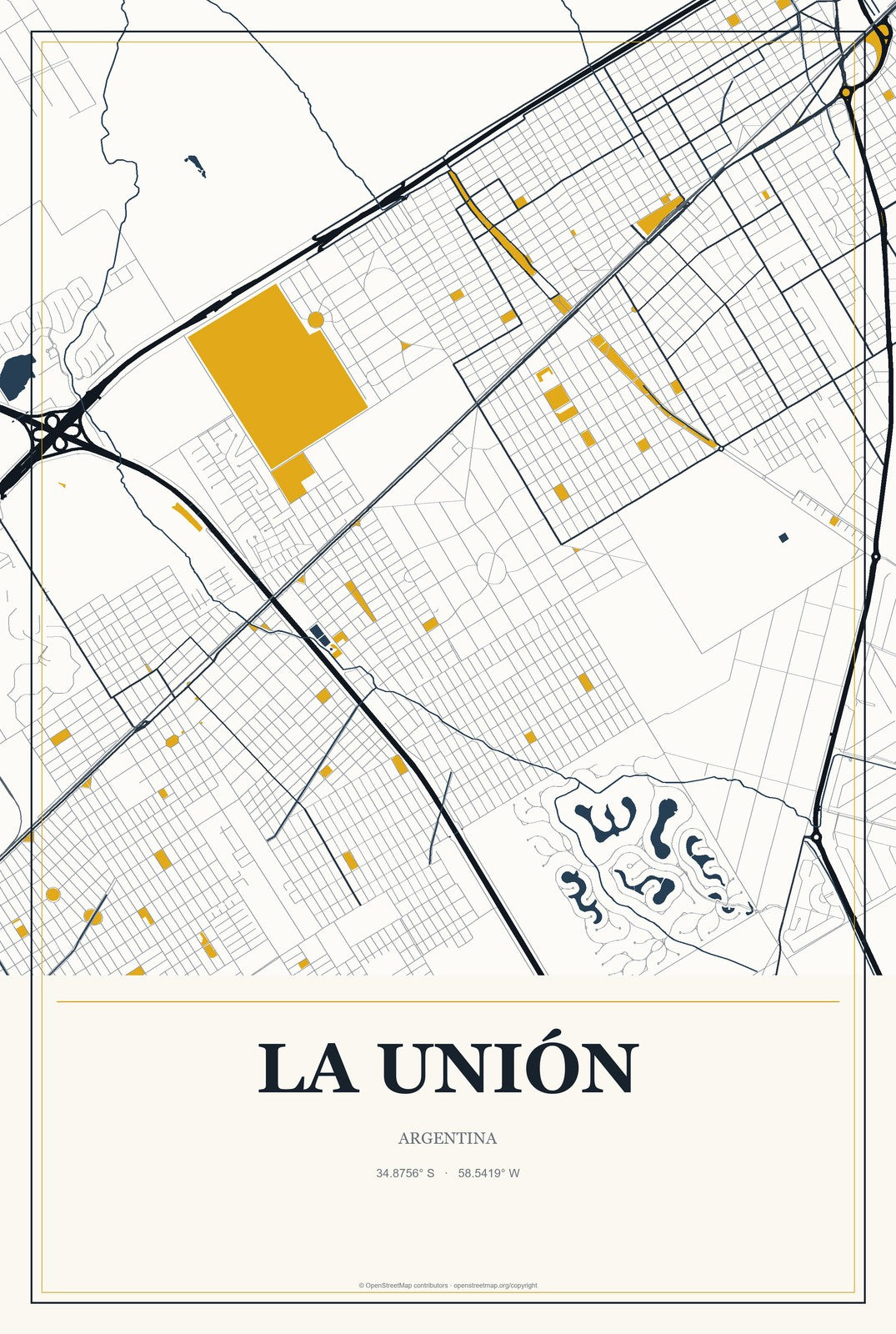 La Unión, Argentina City Map Aluminum Sign in Citrine Modern style