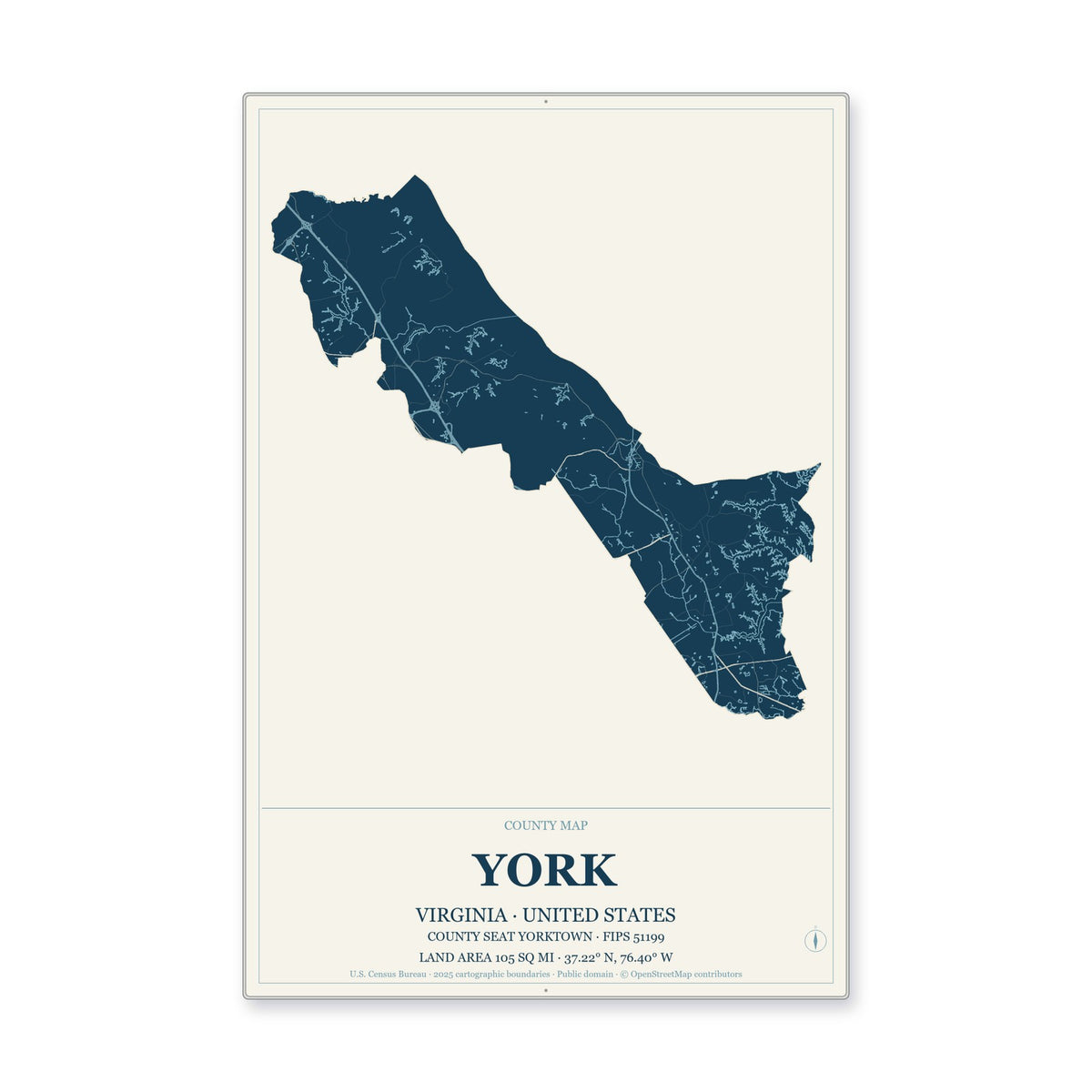 York County, Virginia Map Aluminum Sign in Coastal Cutout style