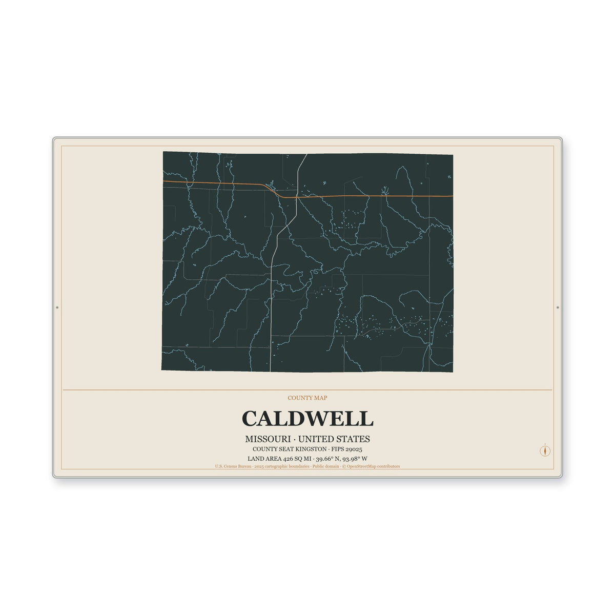 Caldwell County, Missouri Map Aluminum Sign in Headline Atlas style