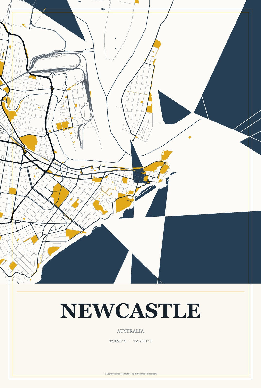 Newcastle, Australia City Map Aluminum Sign in Citrine Modern style