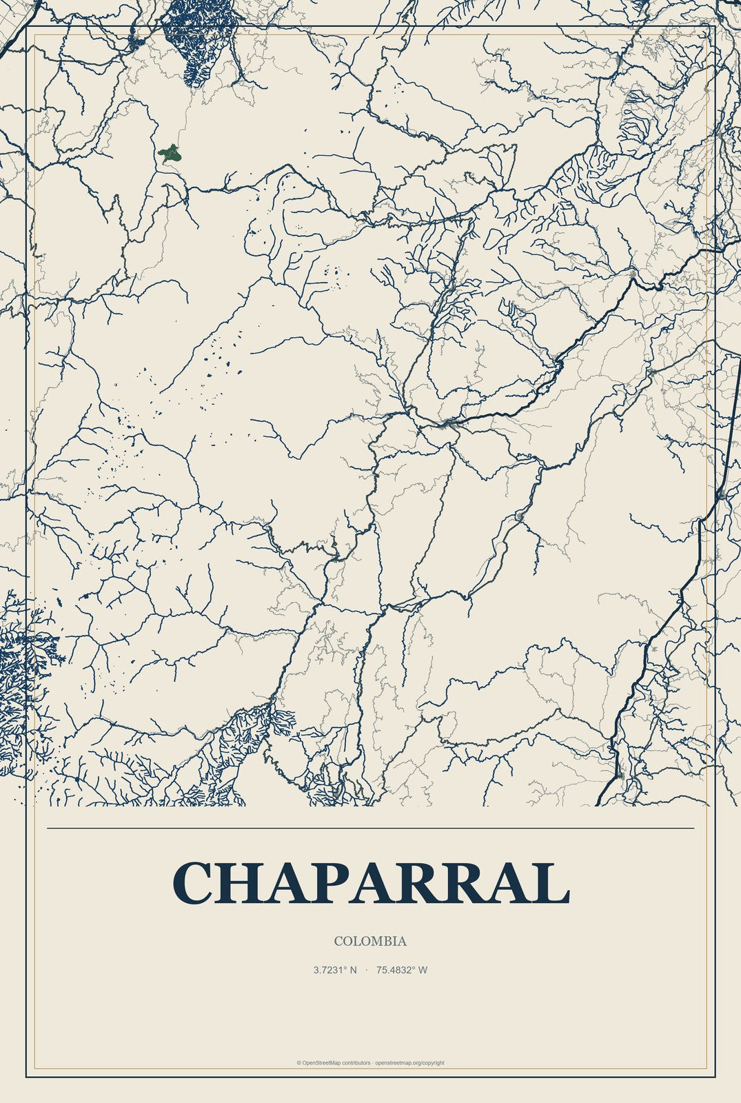 Chaparral, Colombia City Map Aluminum Sign in Coastal Cutout style