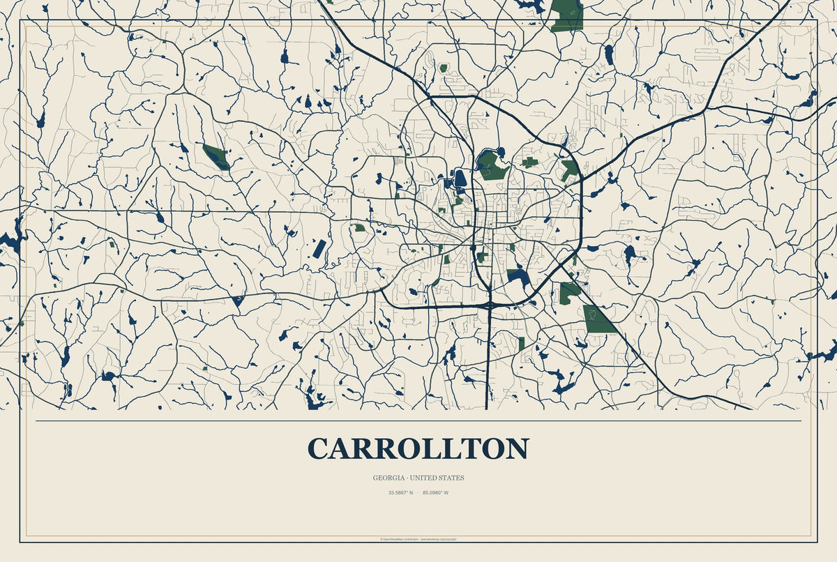 Carrollton, Georgia City Map Aluminum Sign in Coastal Cutout style