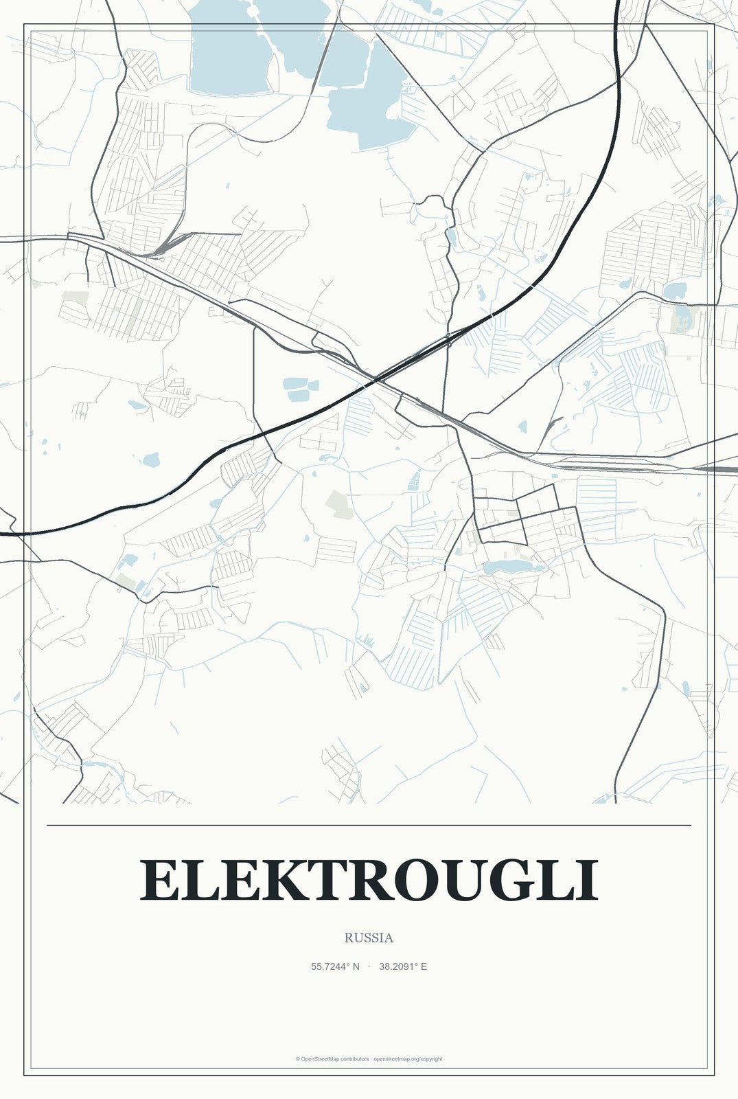 Elektrougli, Russia City Map Aluminum Sign in Gallery Air style