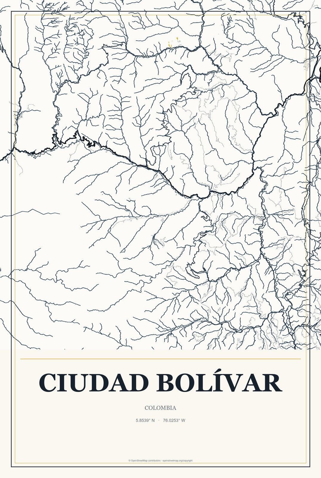 Ciudad Bolívar, Colombia City Map Aluminum Sign in Citrine Modern style