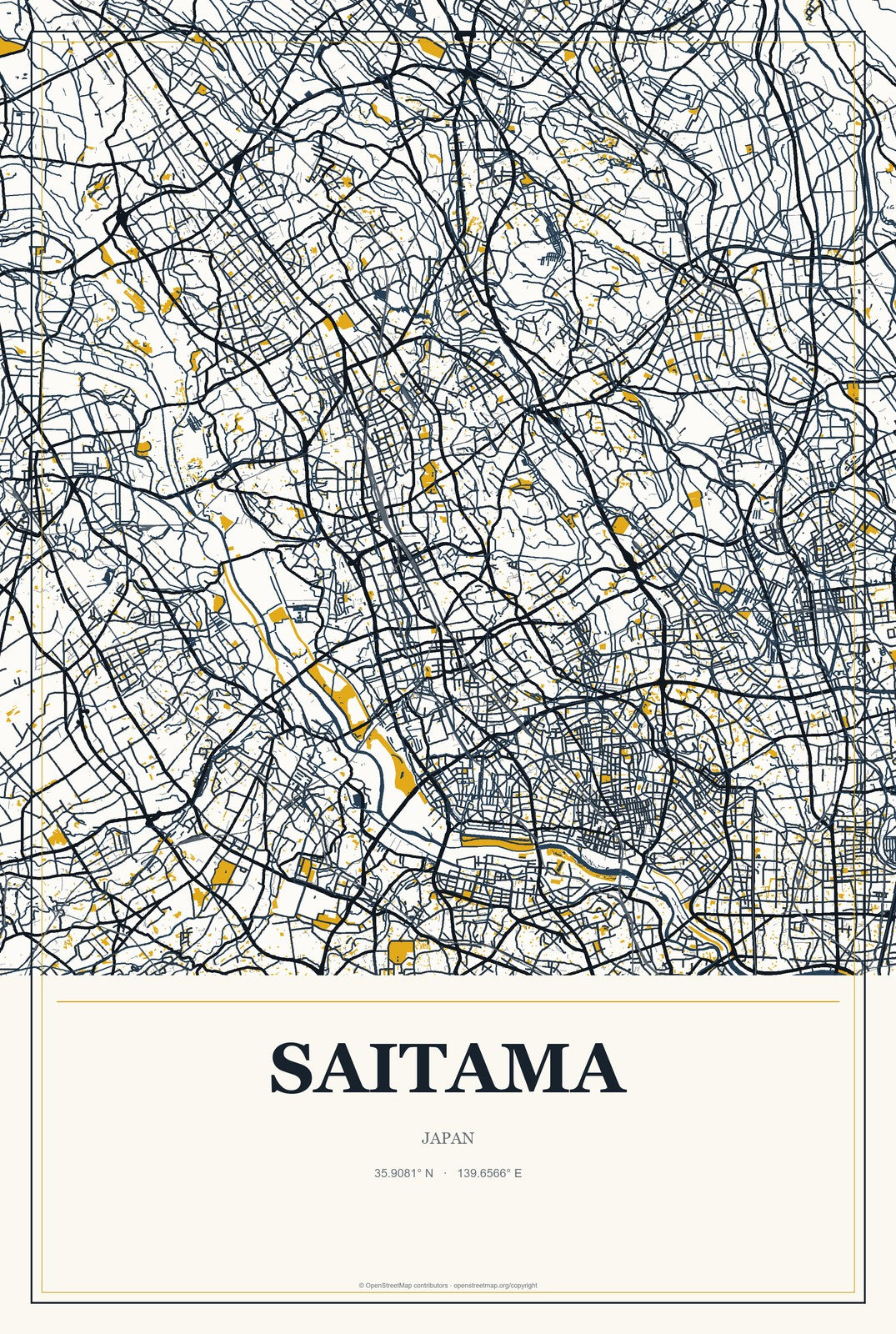 Saitama, Japan City Map Aluminum Sign in Citrine Modern style