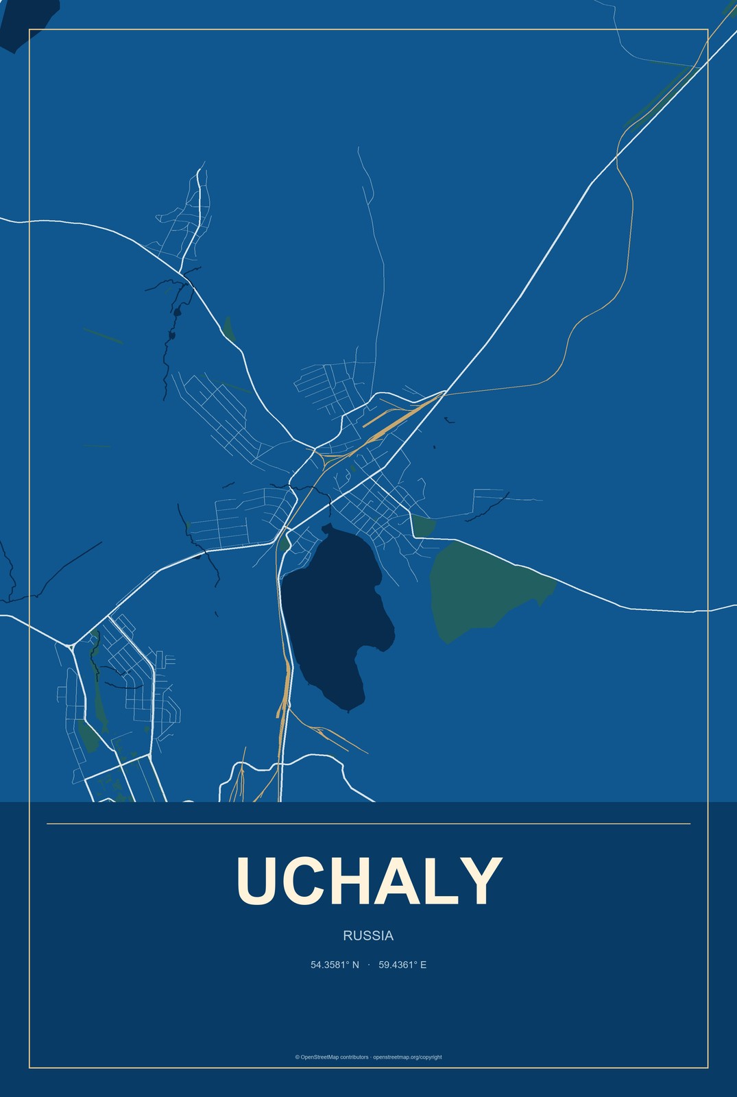 Uchaly, Russia City Map Aluminum Sign in Harbor Cobalt style