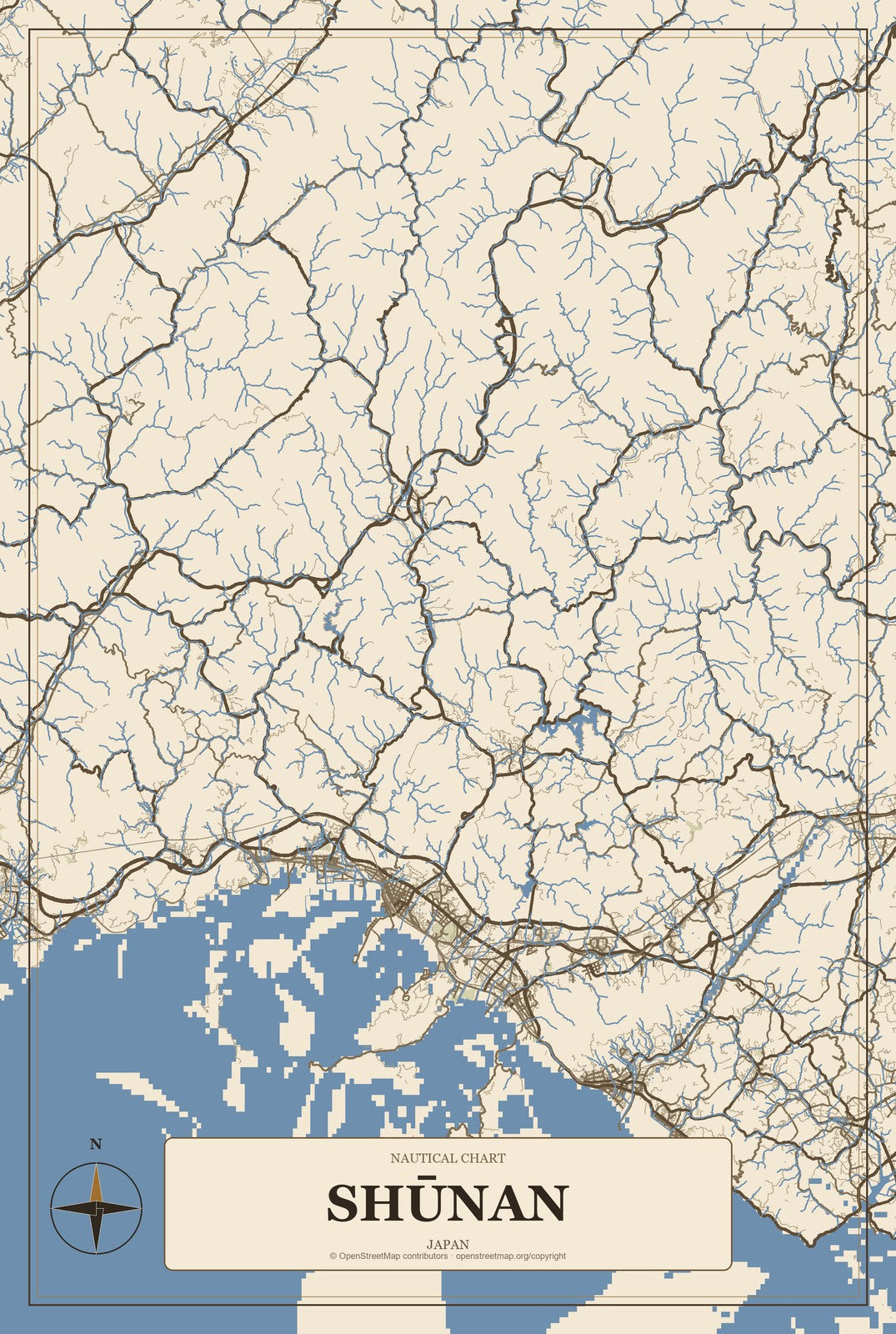 Shūnan, Japan City Map Aluminum Sign in Heritage Nautical style