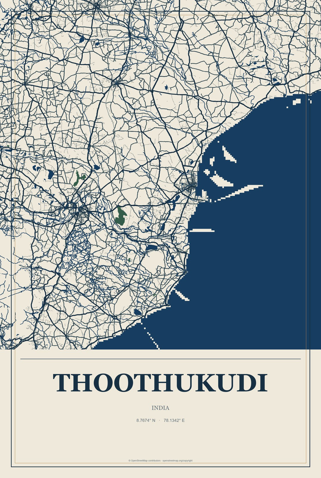 Thoothukudi, India City Map Aluminum Sign in Coastal Cutout style