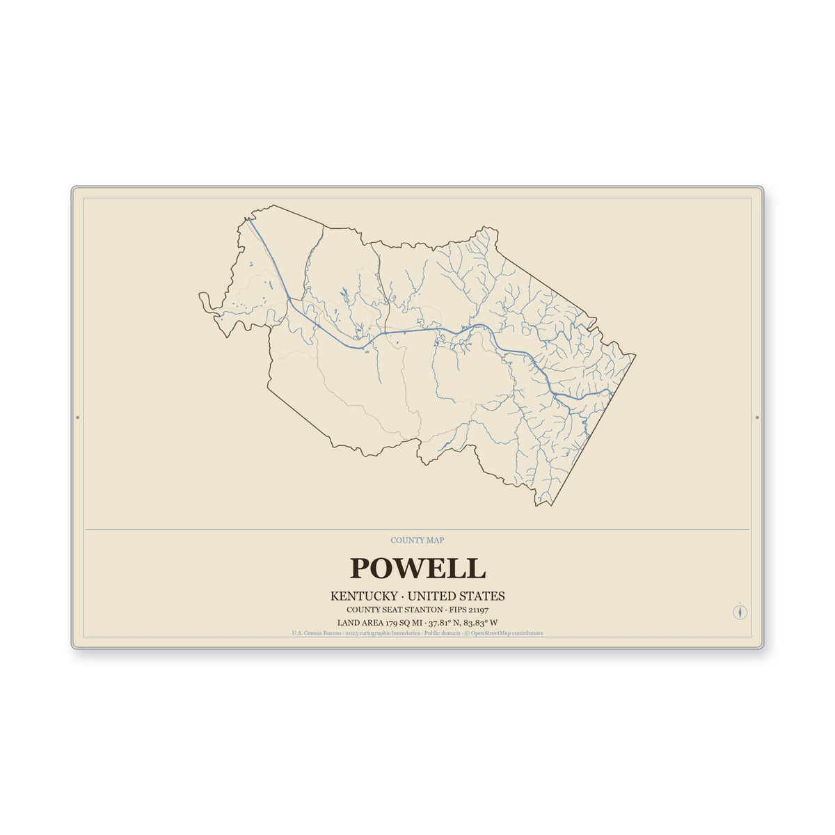 Powell County, Kentucky Map Aluminum Sign in Heritage Nautical style