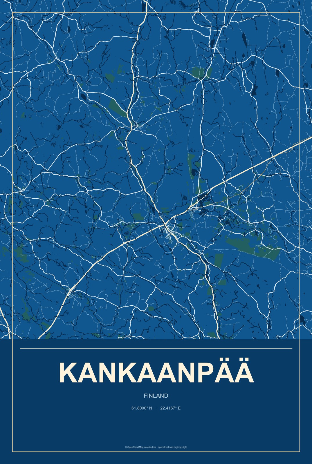 Kankaanpää, Finland City Map Aluminum Sign in Harbor Cobalt style