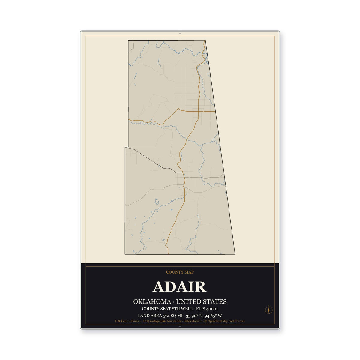 Adair County, Oklahoma Map Aluminum Sign in Museum Plaque style