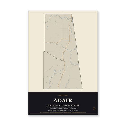 Adair County, Oklahoma Map Aluminum Sign in Museum Plaque style