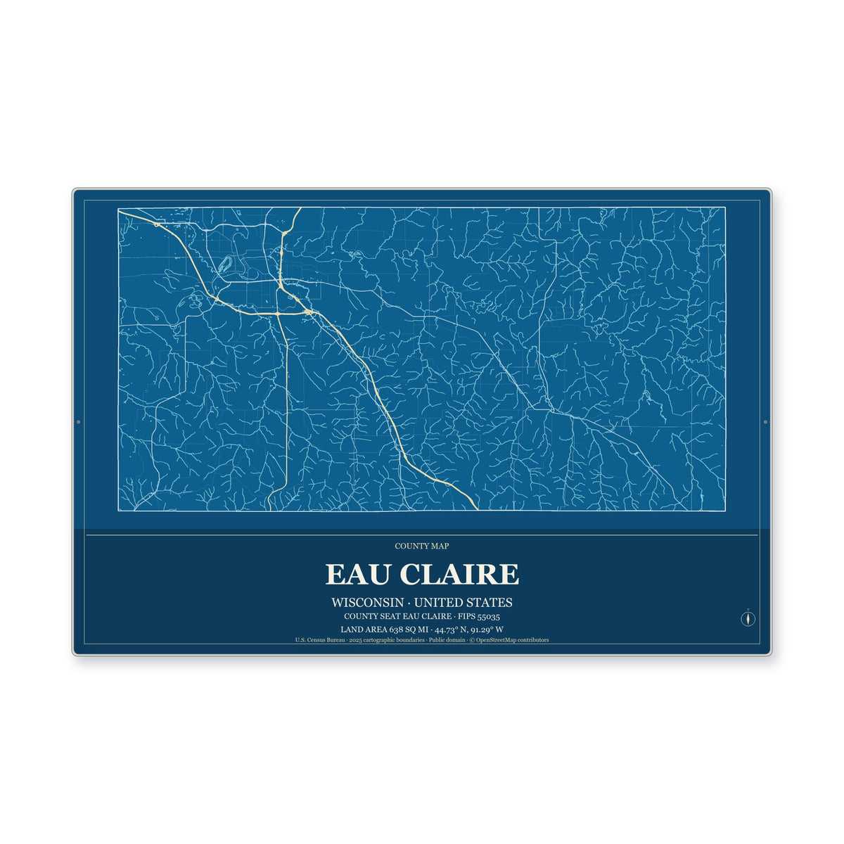 Eau Claire County, Wisconsin Map Aluminum Sign in Harbor Cobalt style