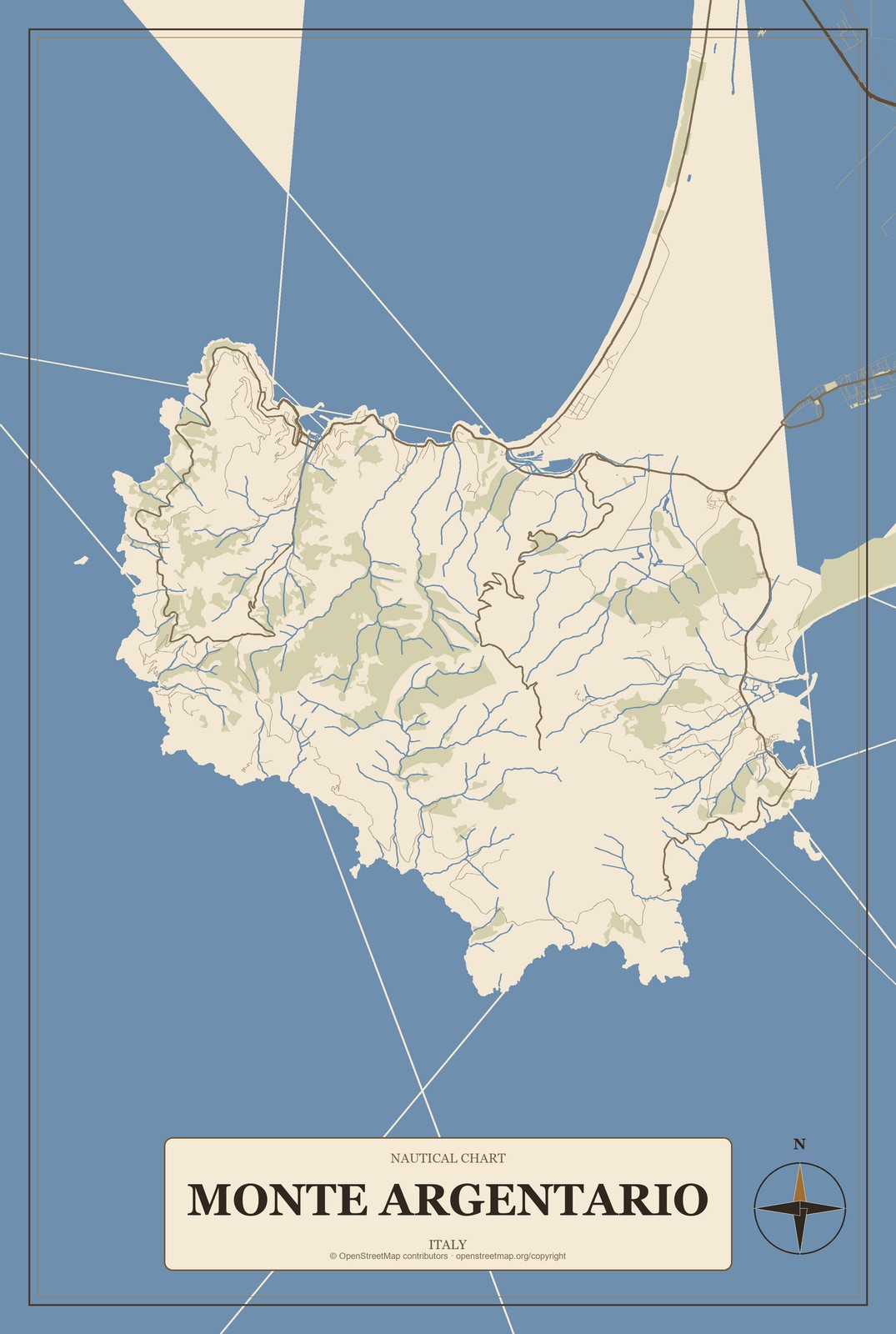 Monte Argentario, Italy City Map Aluminum Sign in Heritage Nautical style
