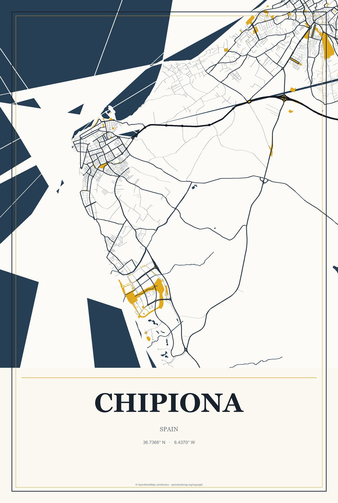 Chipiona, Spain City Map Aluminum Sign in Citrine Modern style