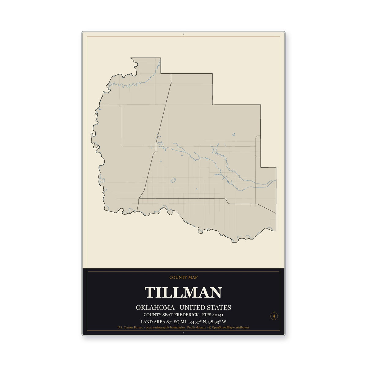 Tillman County, Oklahoma Map Aluminum Sign in Museum Plaque style