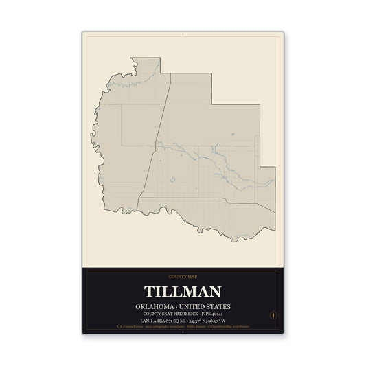 Tillman County, Oklahoma Map Aluminum Sign in Museum Plaque style