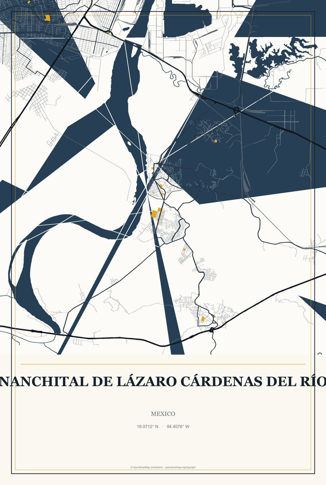 Nanchital de Lázaro Cárdenas del Río, Mexico City Map Aluminum Sign in Citrine Modern style
