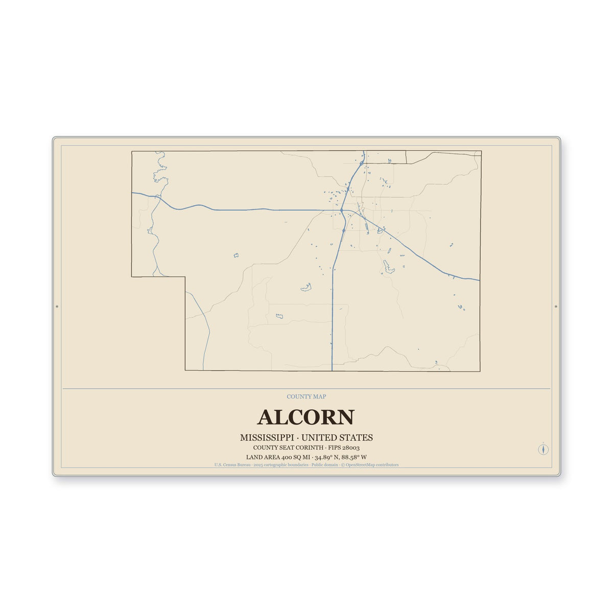 Alcorn County, Mississippi Map Aluminum Sign in Heritage Nautical style