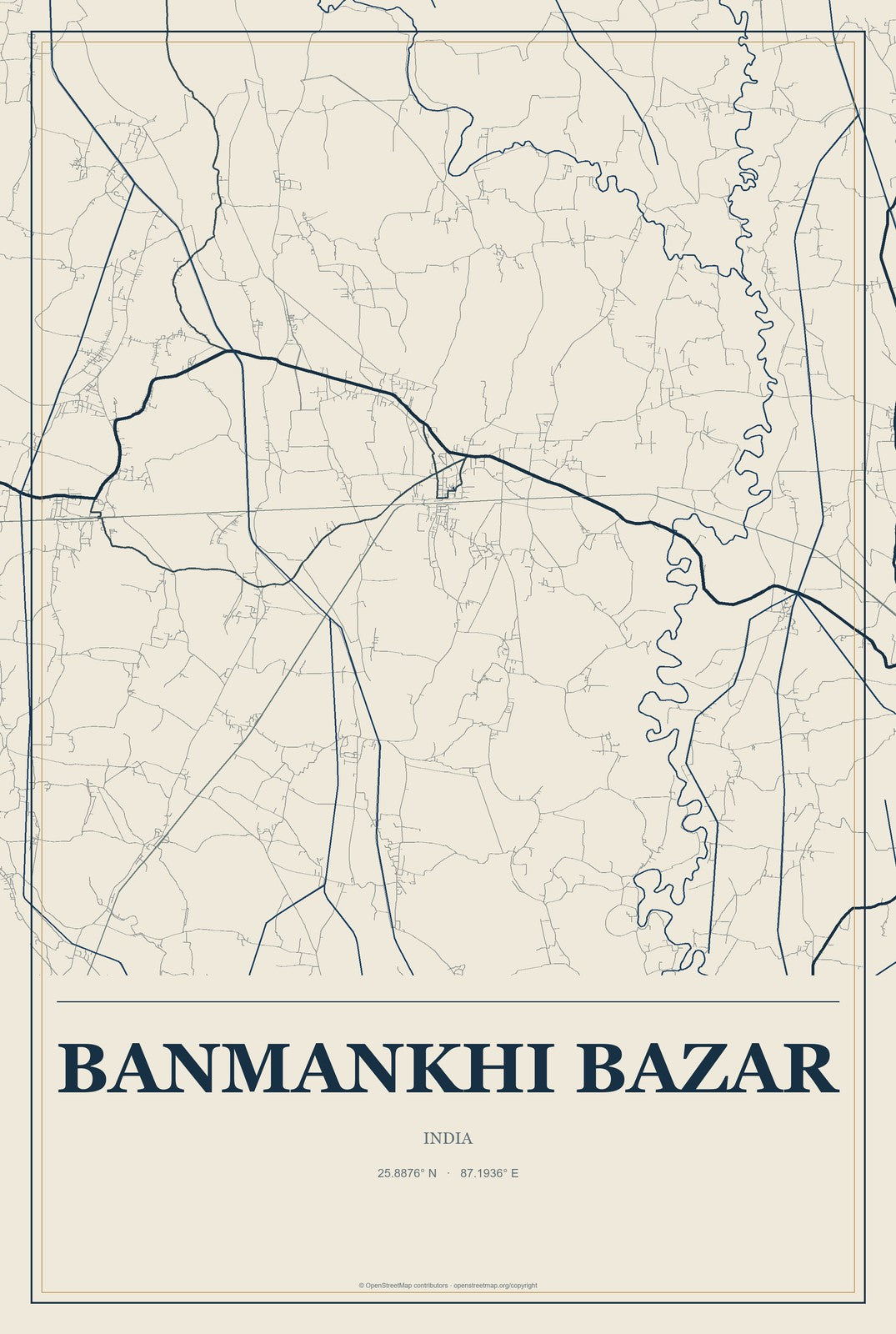 Banmankhi Bazar, India City Map Aluminum Sign in Coastal Cutout style