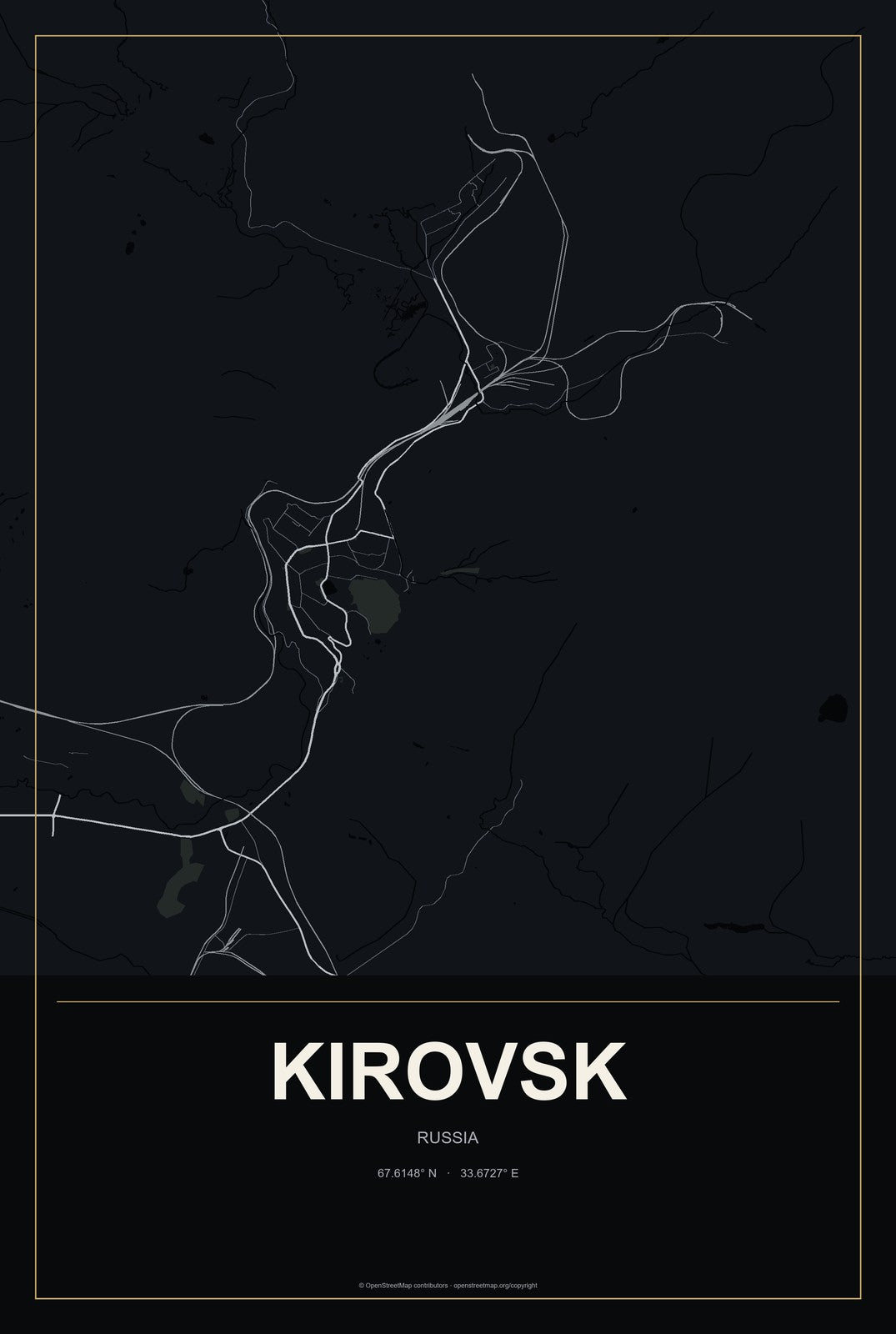 Kirovsk, Murmansk, Russia City Map Aluminum Sign in Metropolitan Noir style
