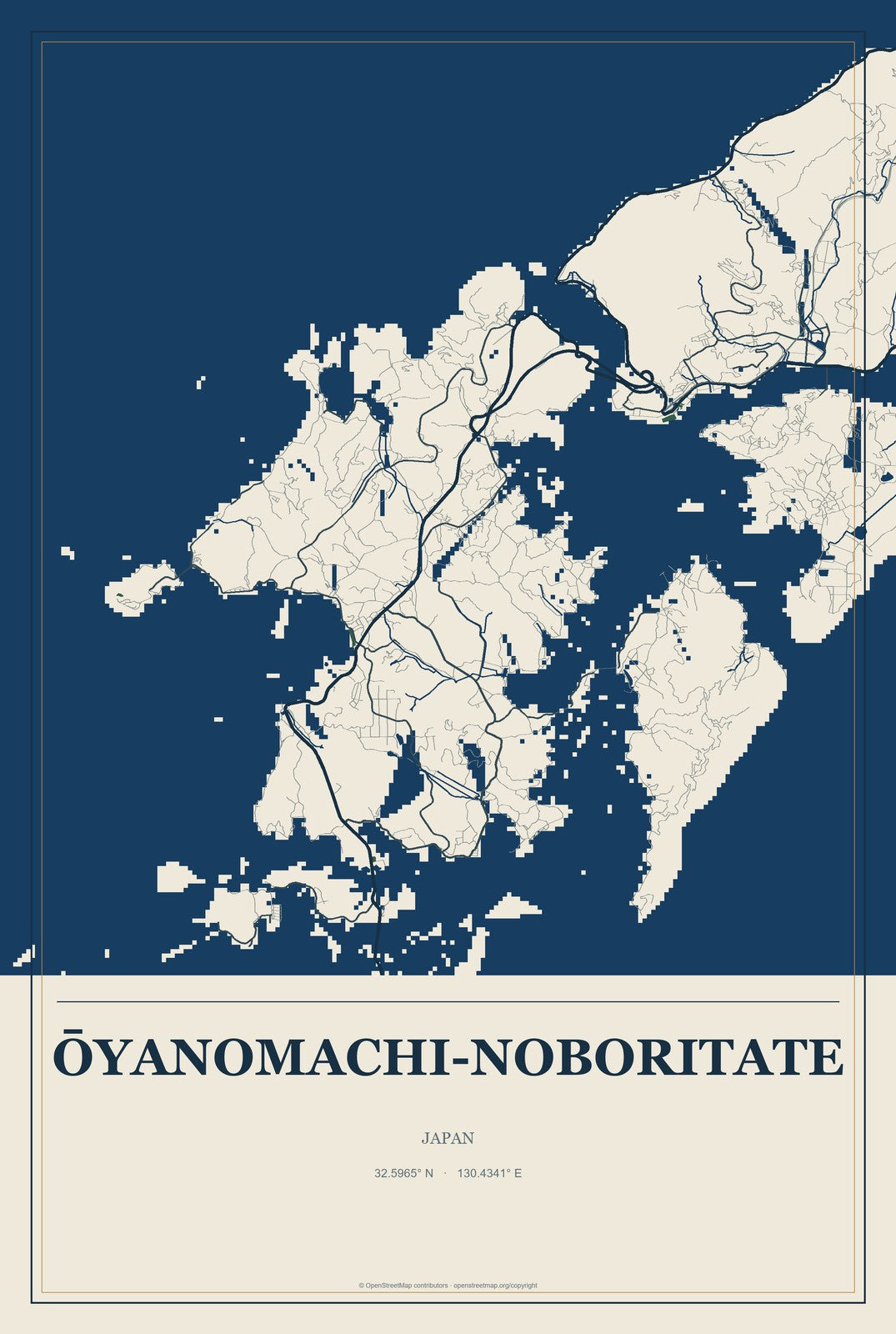 Ōyanomachi-noboritate, Japan City Map Aluminum Sign in Coastal Cutout style