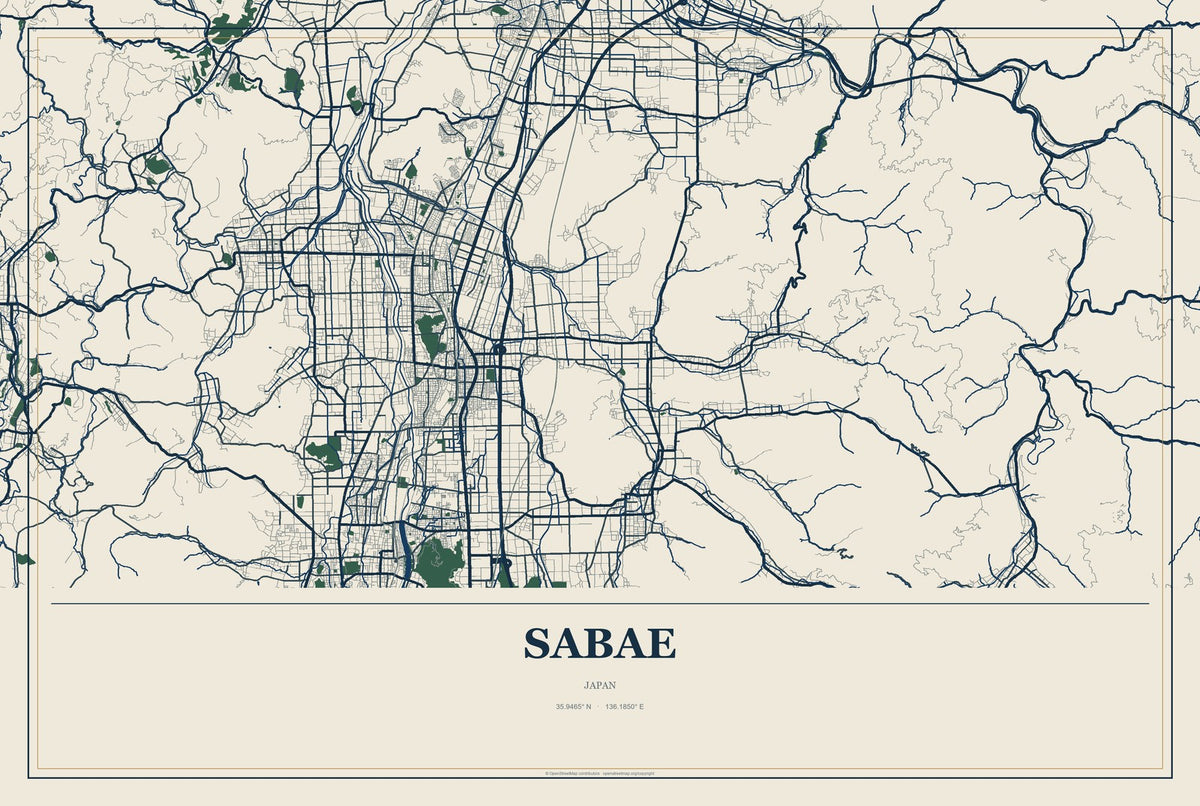 Sabae, Japan City Map Aluminum Sign in Coastal Cutout style