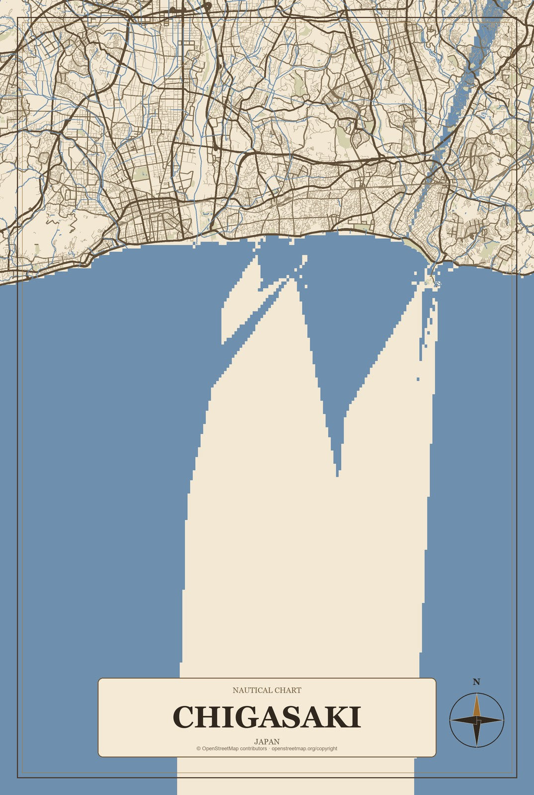 Chigasaki, Japan City Map Aluminum Sign in Heritage Nautical style