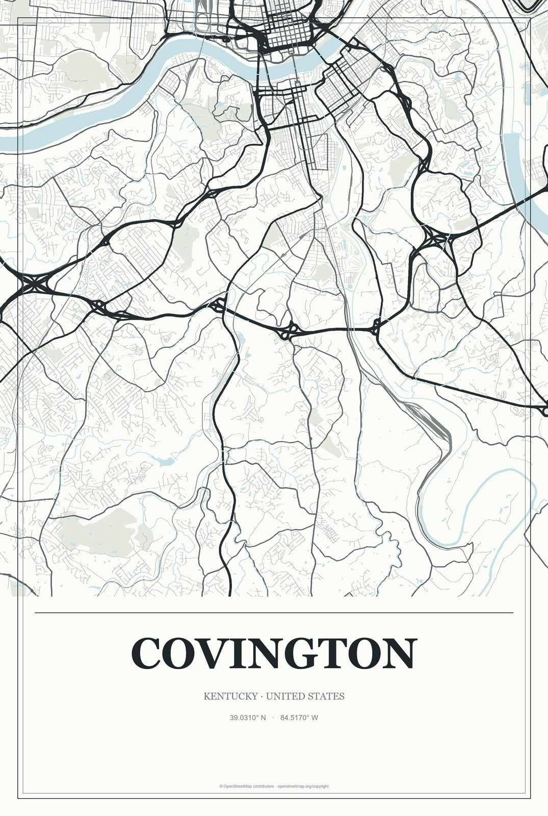 Covington, Kentucky City Map Aluminum Sign in Gallery Air style